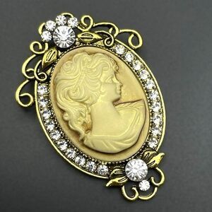 Yellow Gold with Diamond Crystal Vintage Style Victorian Lady Cameo Pin Brooch